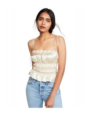 Reformation Cream Satin Ruched Tie-Shoulder Viviana top